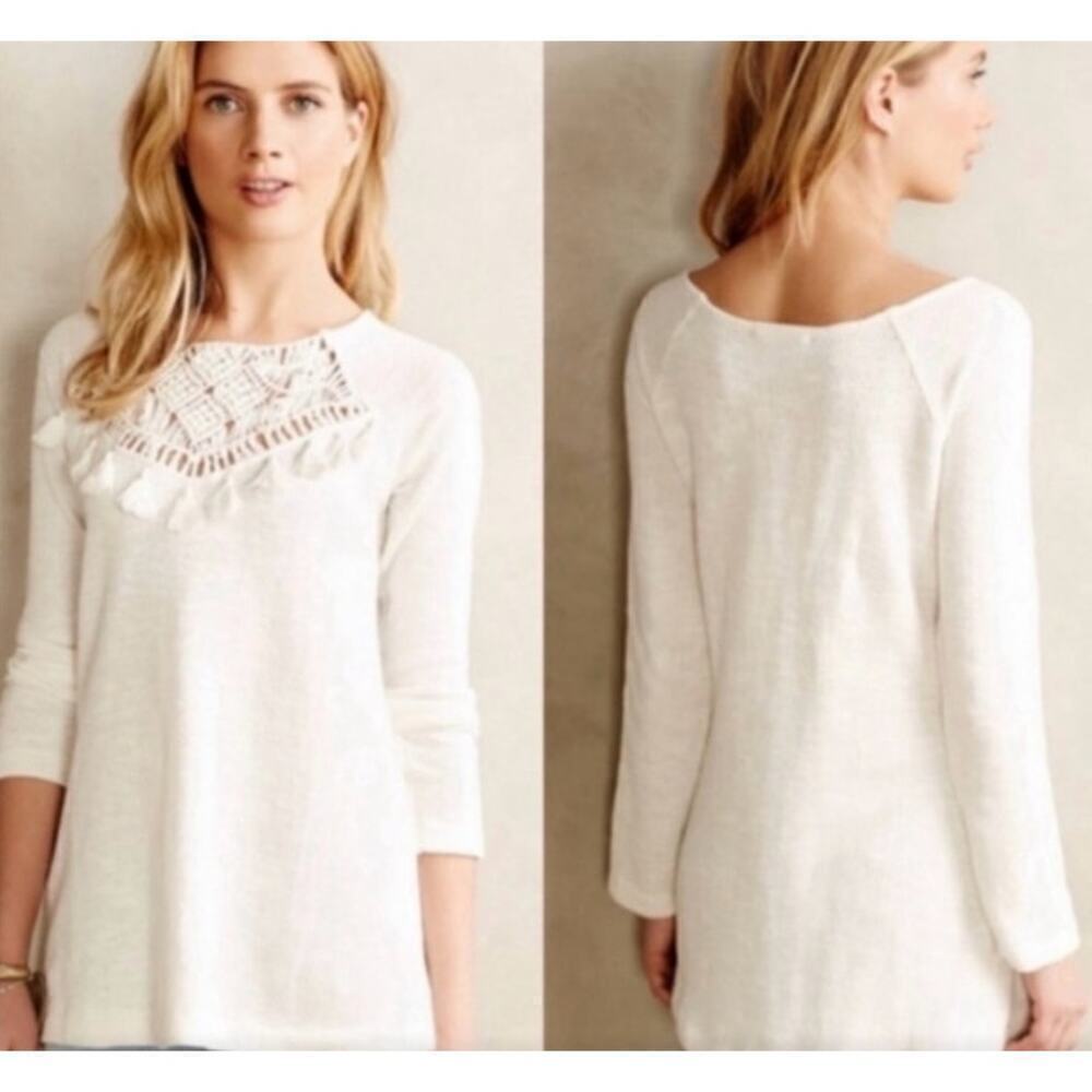 Anthropologie Floreat Macrame Crochet Knit Long Sleeve White Sweater, M